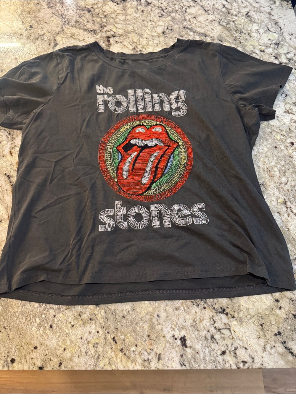 Ladies Charcoal Rolling Stones Graphic Tee - Iconic Tongue Logo